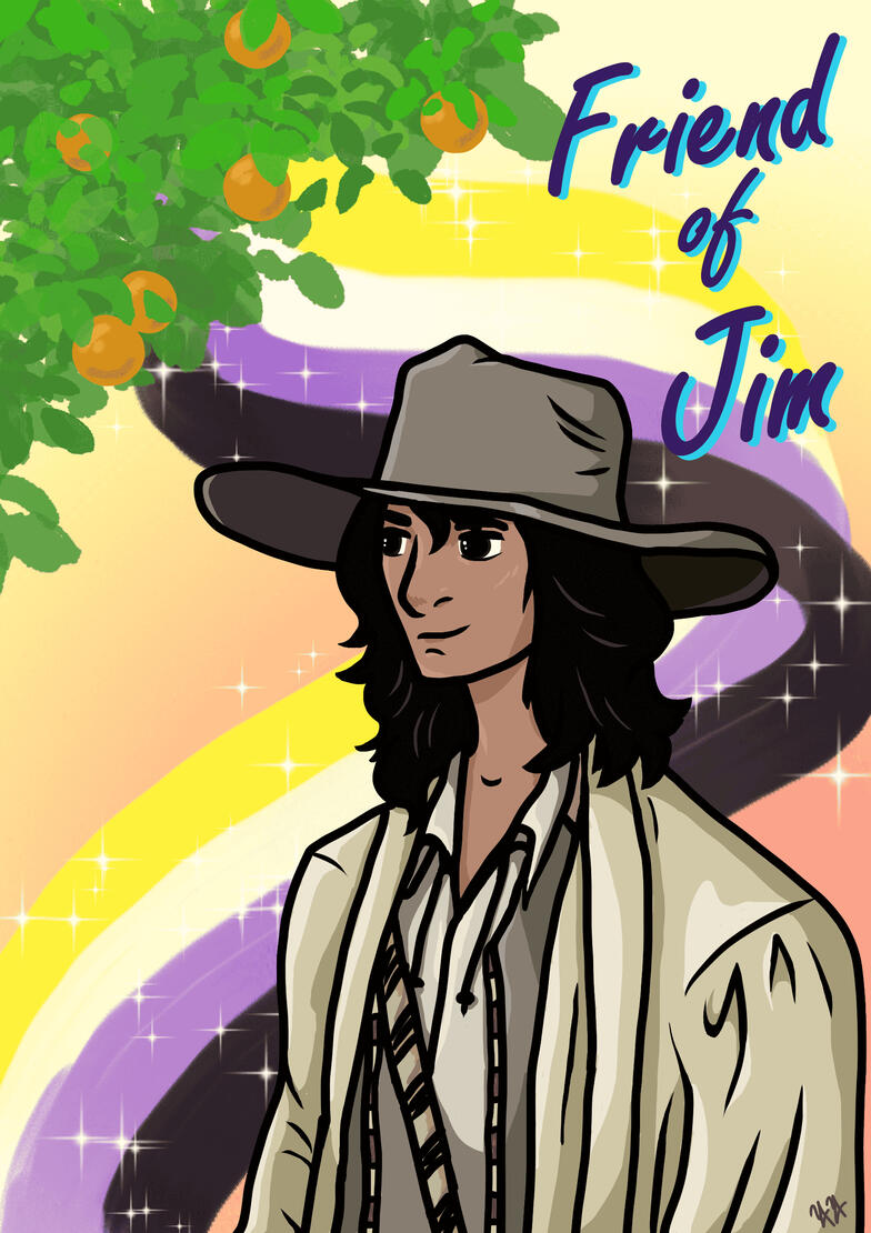 A stylised depiction of Vico Ortiz in their role as Jim in Our Flag Means Death. They are stood beneath an orange tree, and a non-binary flag is behind them. The text above their head reads "Friend of Jim."