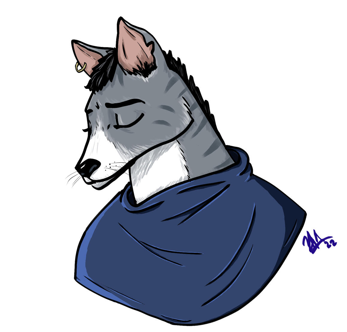 A digital bust portrait of an anthropomorphic grey-furred wolf-like animal with pierced ears in a blue cloak, looking forlorn.