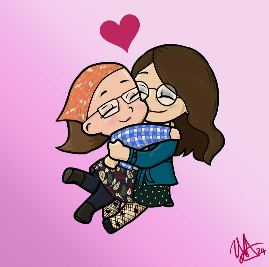 A chibi full colour digital portrait of two women in cute outfits hugging, one with her feet lifted like she's being picked up and spun around by her partner.