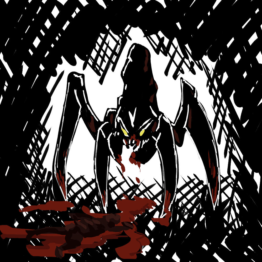 A design for a sci-fi monster, with four blade-like insectile legs and bloody mandibles.