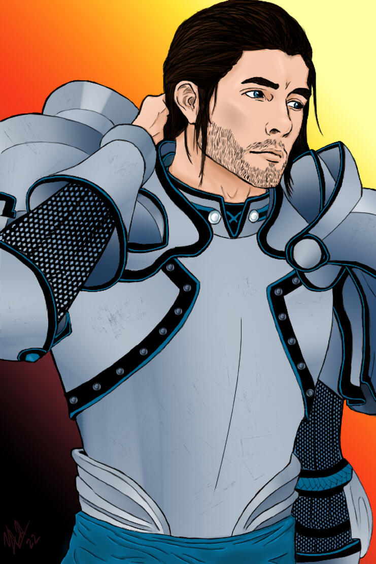 A digital portrait of a dark-haired fantasy knight in plate armour, against an amber gradient background .