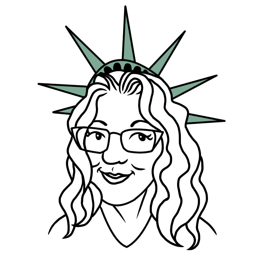 Logo for Menopausal in New York, featuring a stylised line drawing of the vlogger's face, waering the Statue of Liberty's crown.