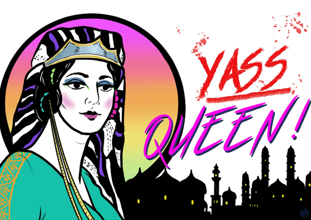 A flat colour line drawing of Queen Esther with 80s style neon make-up on her face, against a backdrop of Shushan in silhouette. Text beside the image reads "Yass Queen!"