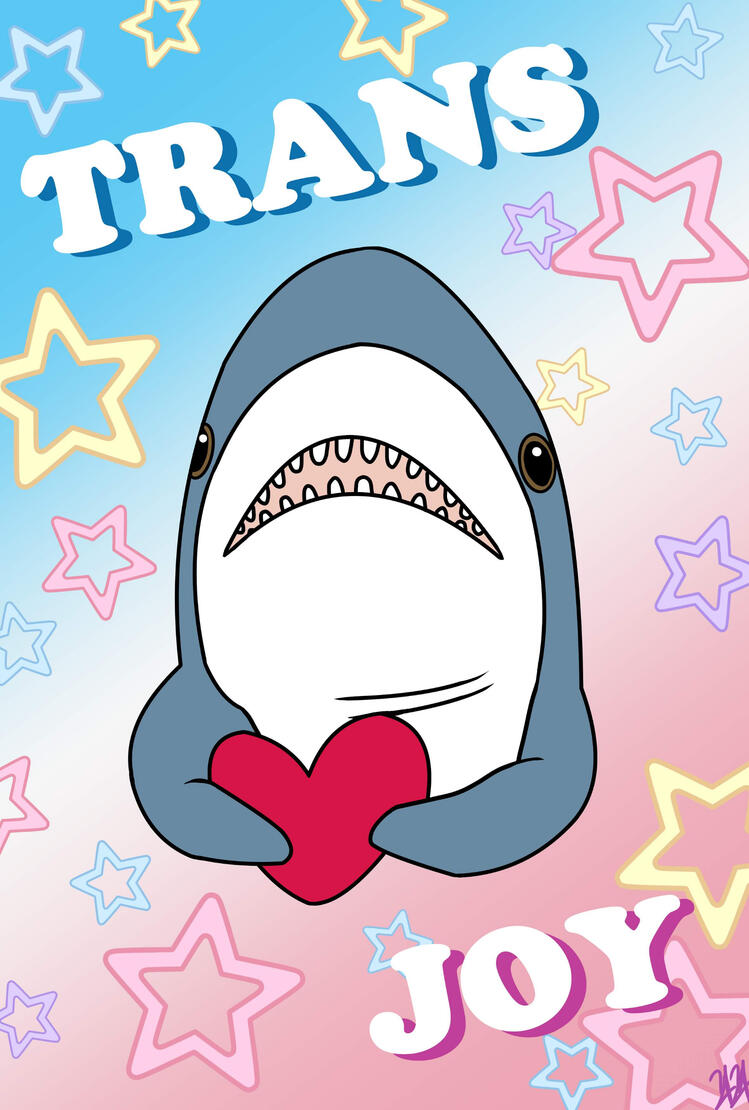 Blahaj the shark holds a red heart in his front fins, surrounded by pastel coloured stars, against a Trans Pride flag gradient background. Text reads "Trans Joy."
