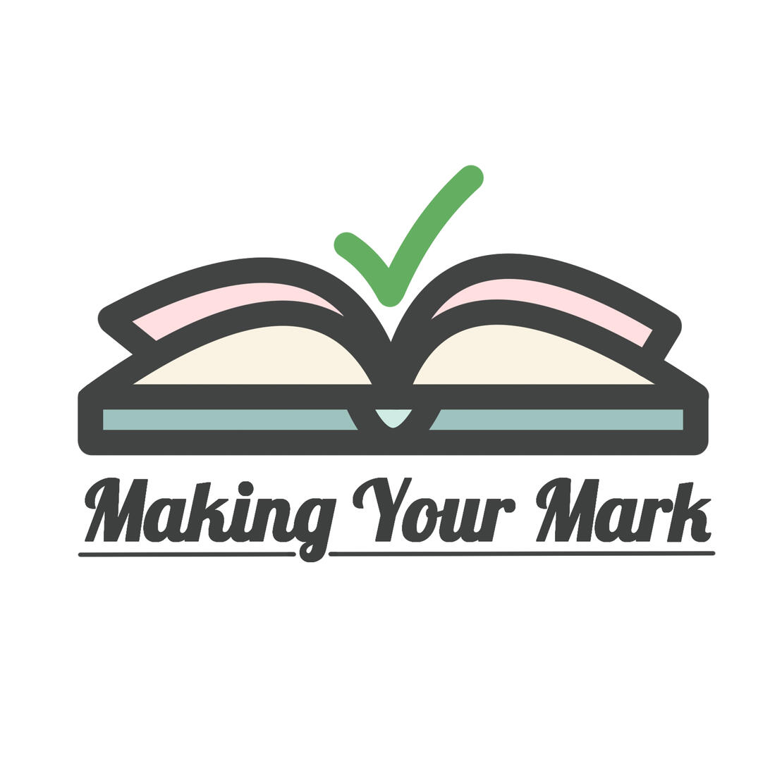 Graphic logo of an open book, viewed from the top edge. One page on either side is slightly raised, and in the indent between them, aligned with the spine, is a large green checkmark. Below the logo is the name of the company, "Making Your Mark."