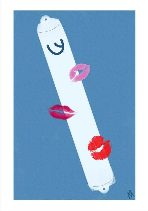 A white mezuzah on a blue background. The mezuzah has several red and pink kiss marks on it.